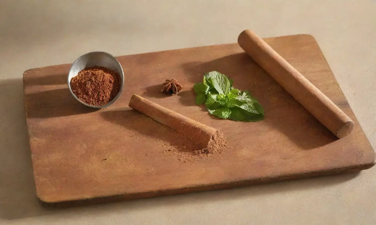 Tablero de madera con especias y herramientas