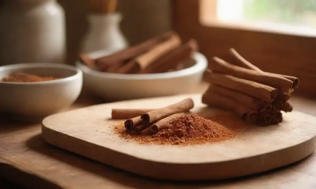 Tablero de madera con canela y cuchillo