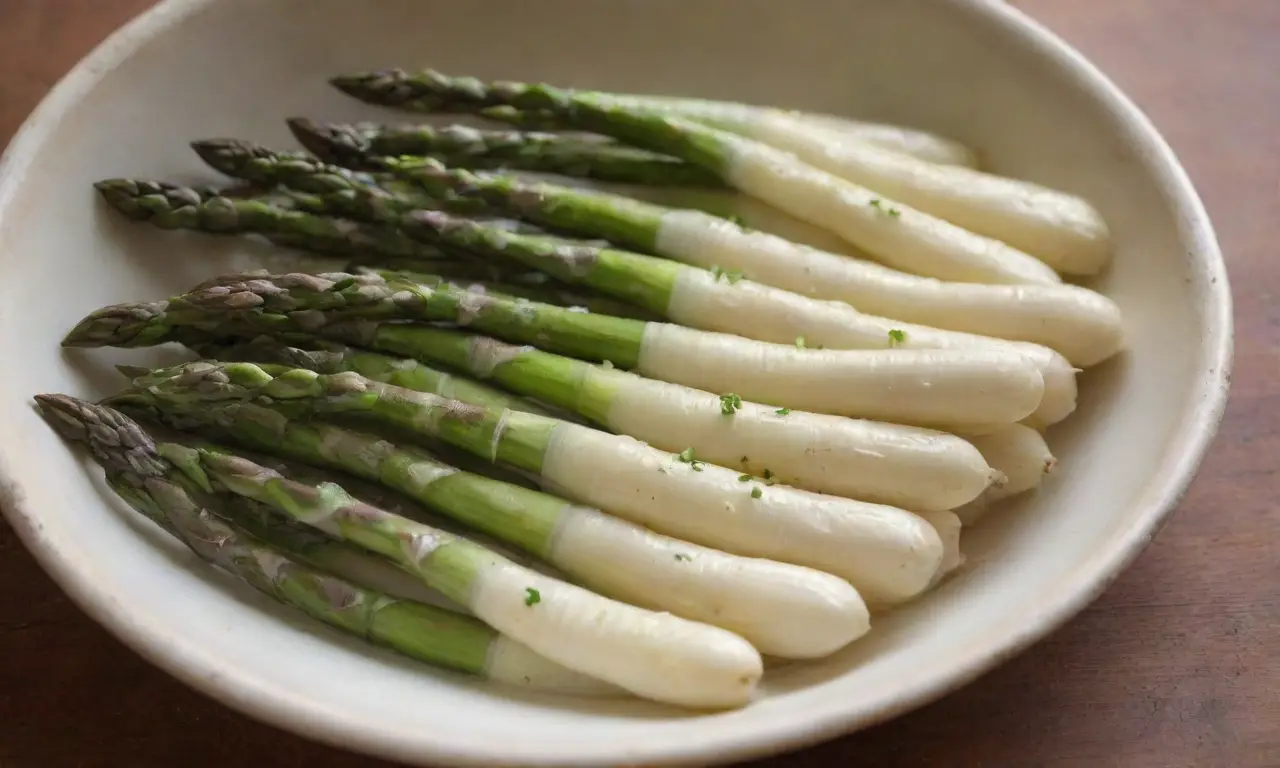 Espárragos blancos en un plato rústico