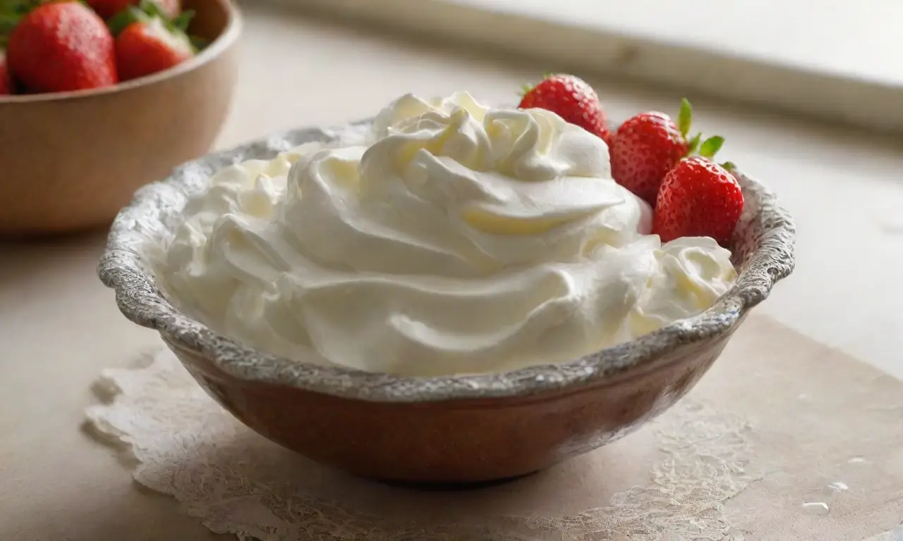 Tazón de crema con fresas y luz cálida