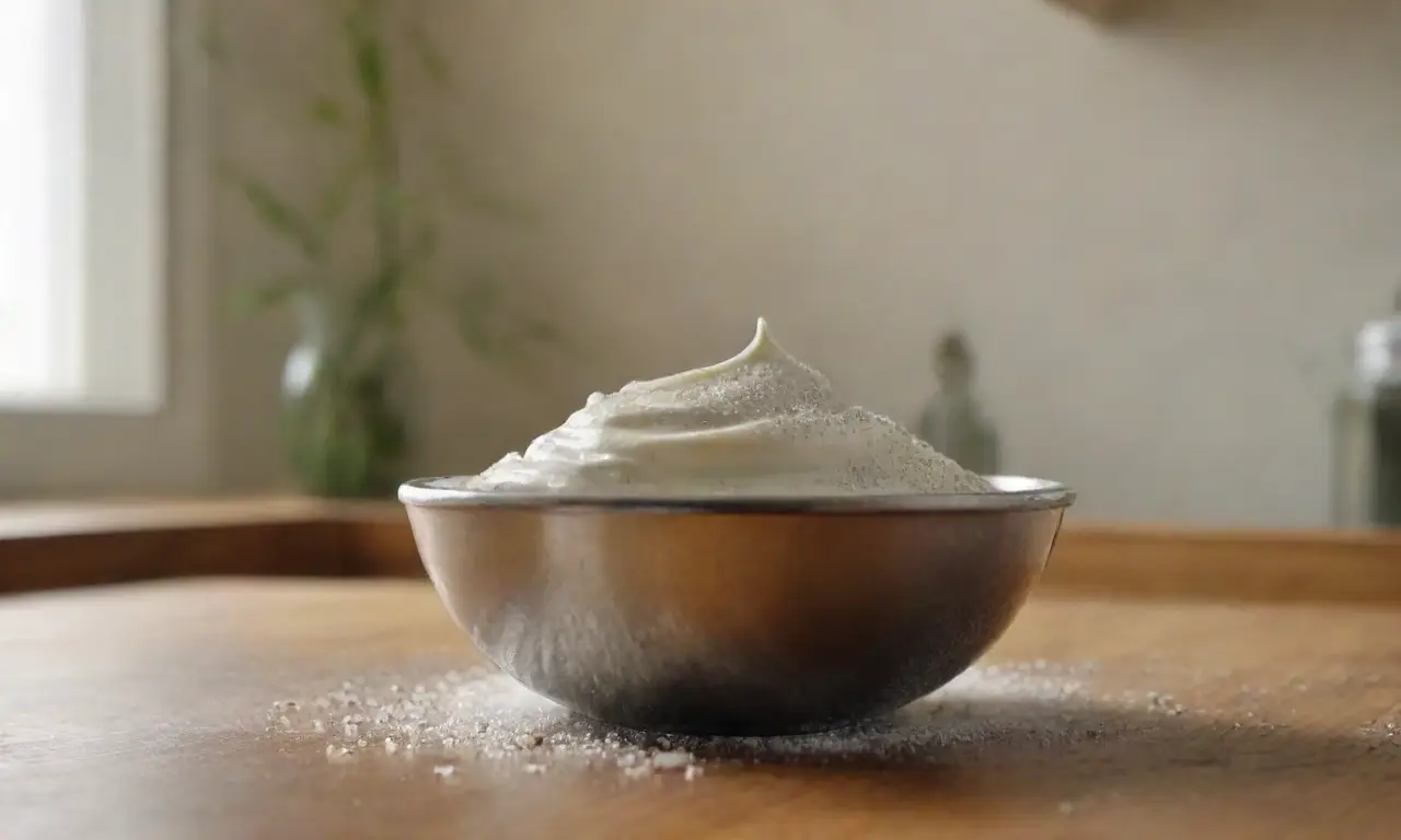 Tazón de acero con crema y azúcar