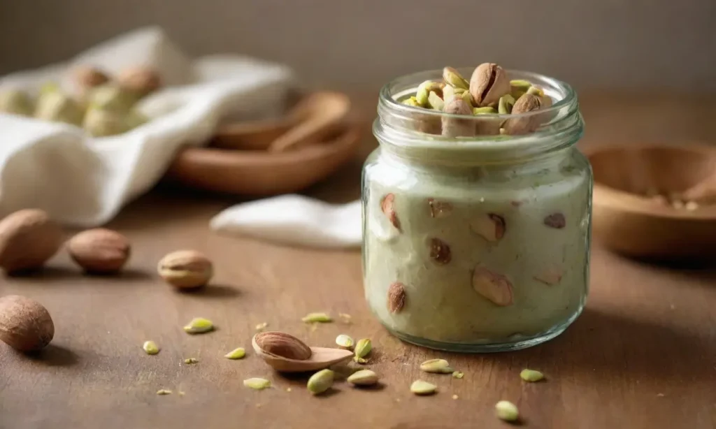 Tarro de crema de pistacho en mesa rústica