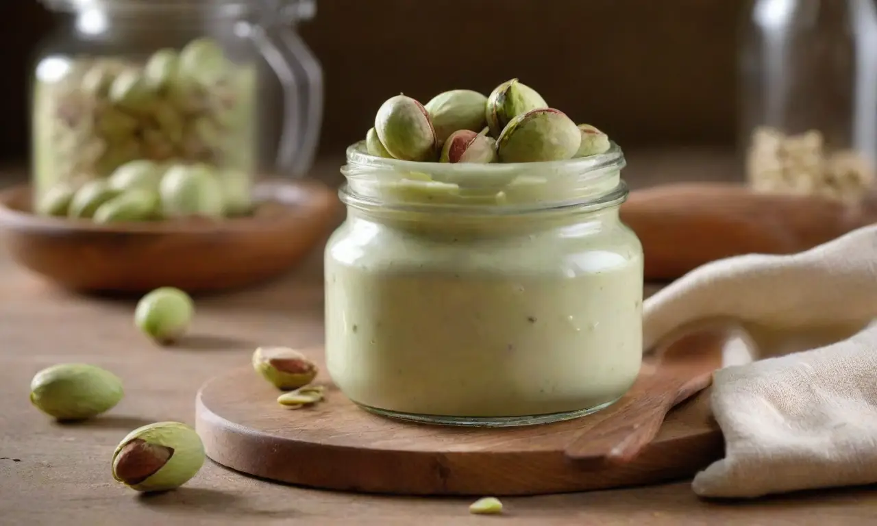 Tarro de crema de pistacho en cocina rústica