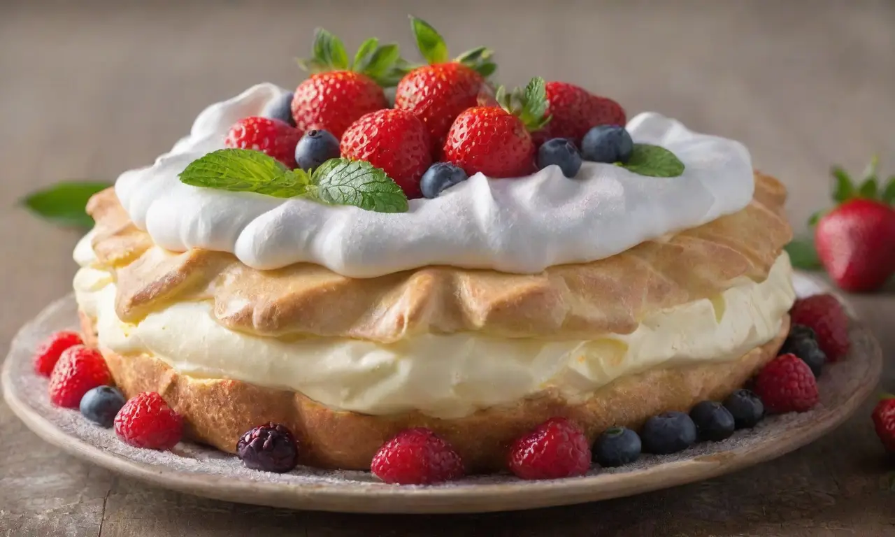 Deliciosa meringue con frutas frescas y luz