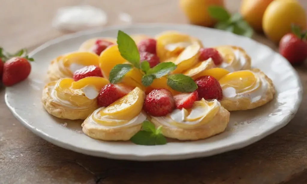 Meringue dorada con frutas frescas y elegancia