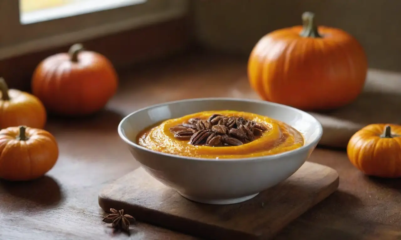 Mesa rústica con calabaza y calidez otoñal