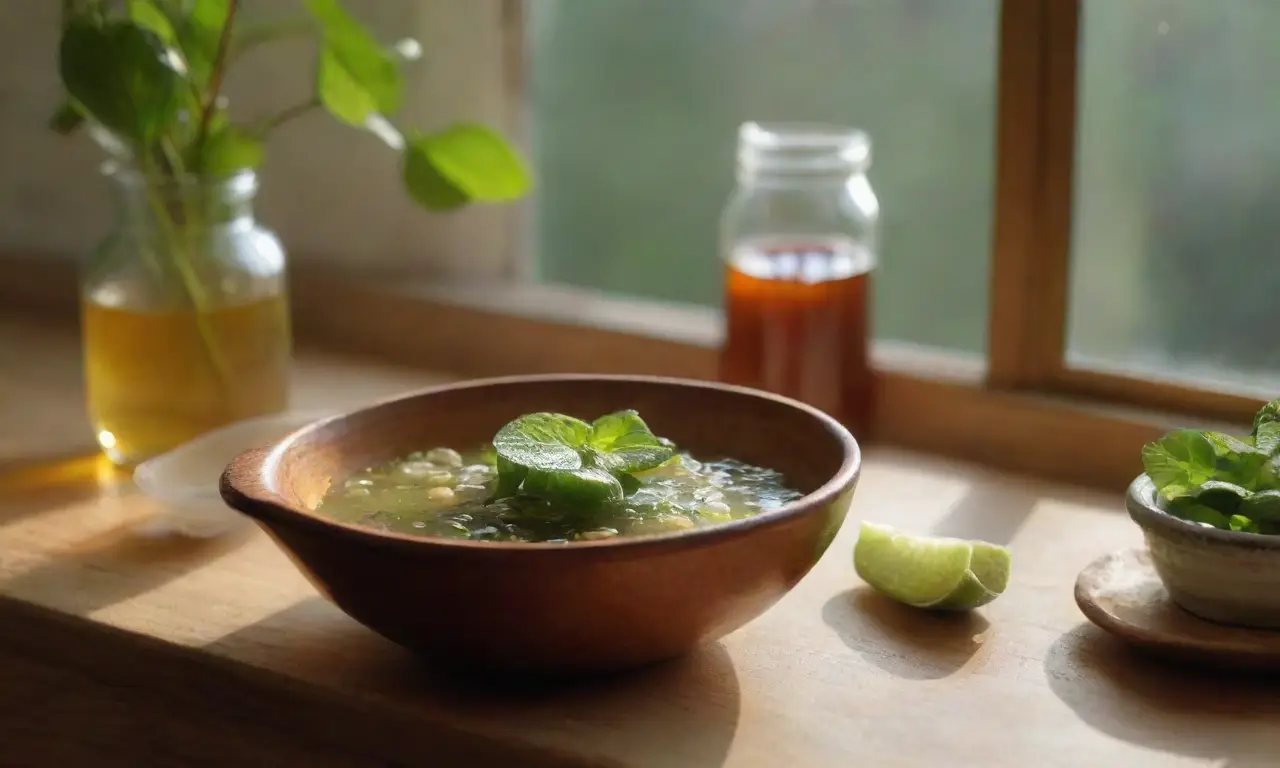 Cocina iluminada con mamón y jarra de miel