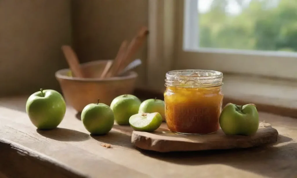Mesa rústica con manzanas y mermelada