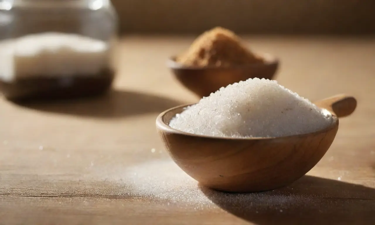 Cucharada de azúcar brilla en cálida cocina