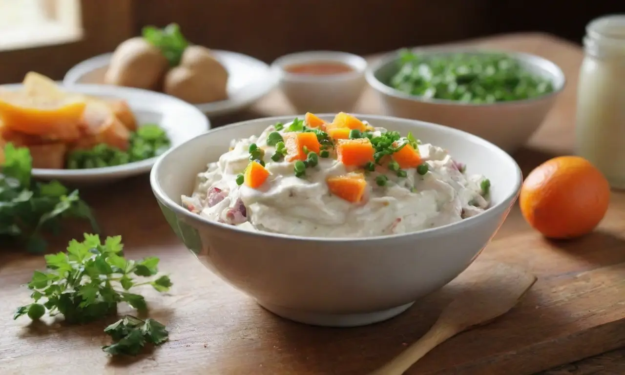 Mesa rústica con ensaladilla rusa fresca