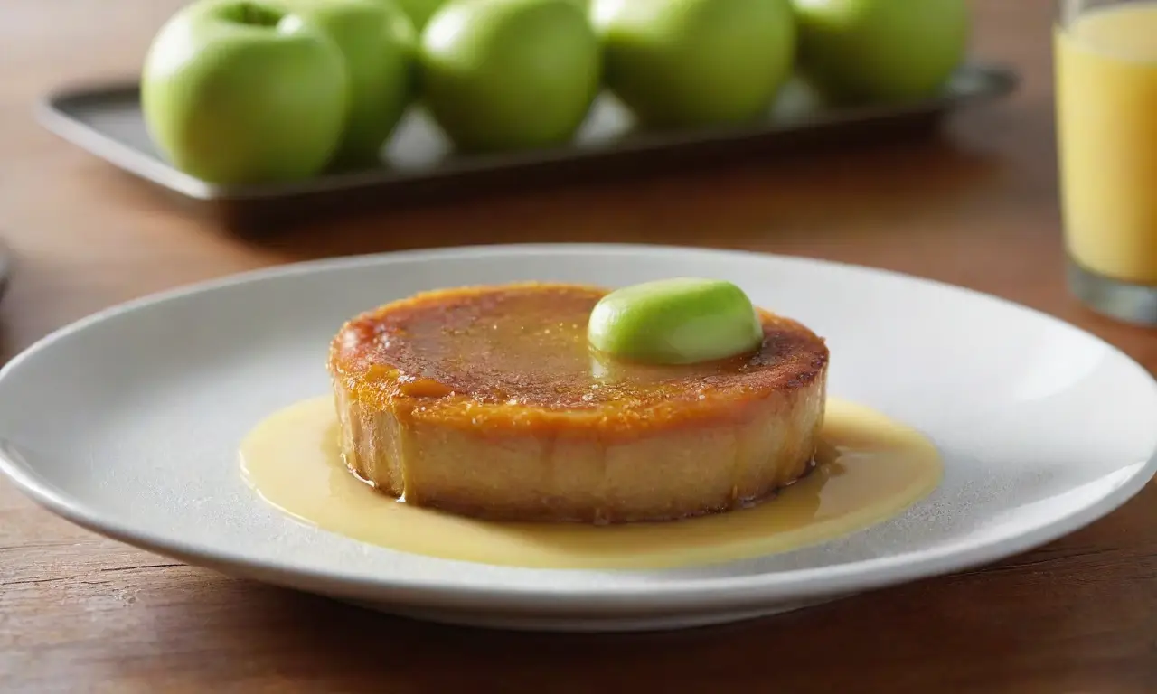 Flan dorado con manzanas y ambiente cálido