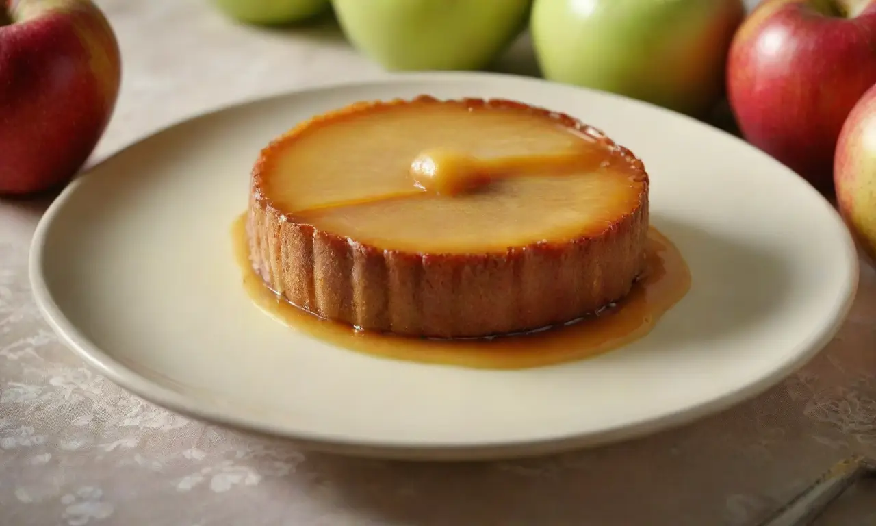 Flan dorado con manzanas y luz cálida