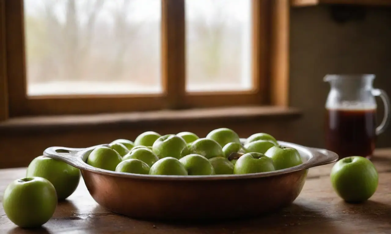 Mesa rústica con manzanas y caramelo