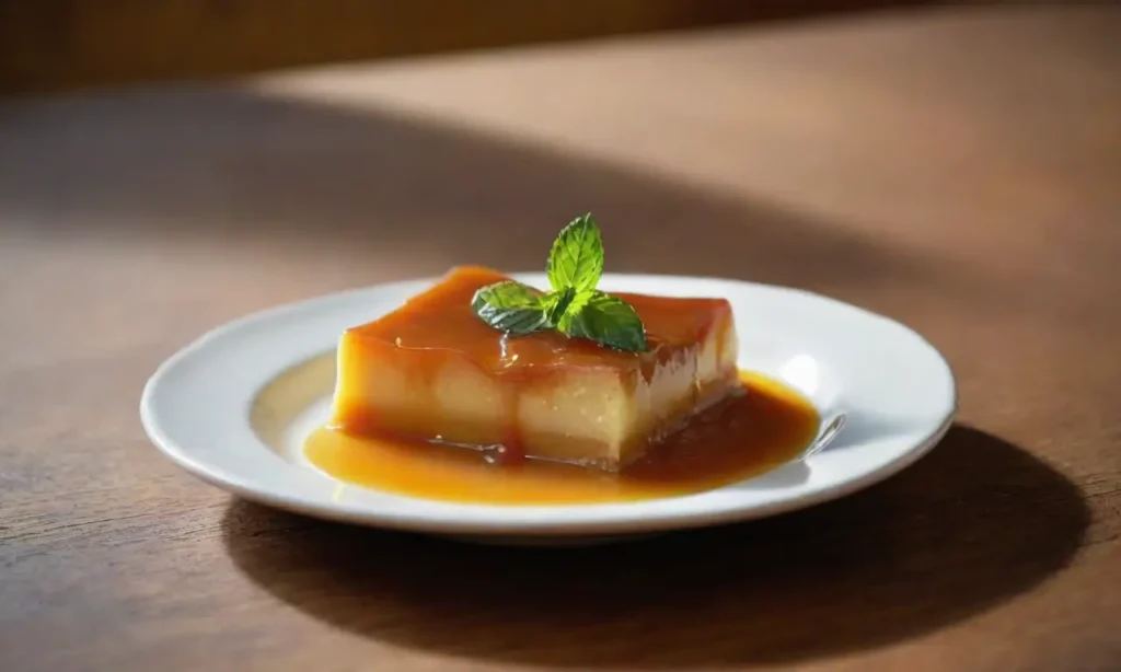 Flan cremoso con caramelo y menta fresca