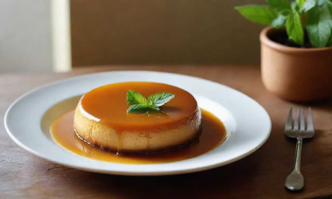 Flan dorado con caramelo en plato blanco