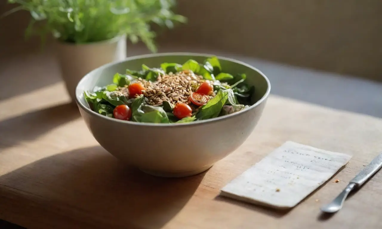 Mesa de madera con semillas y ensalada