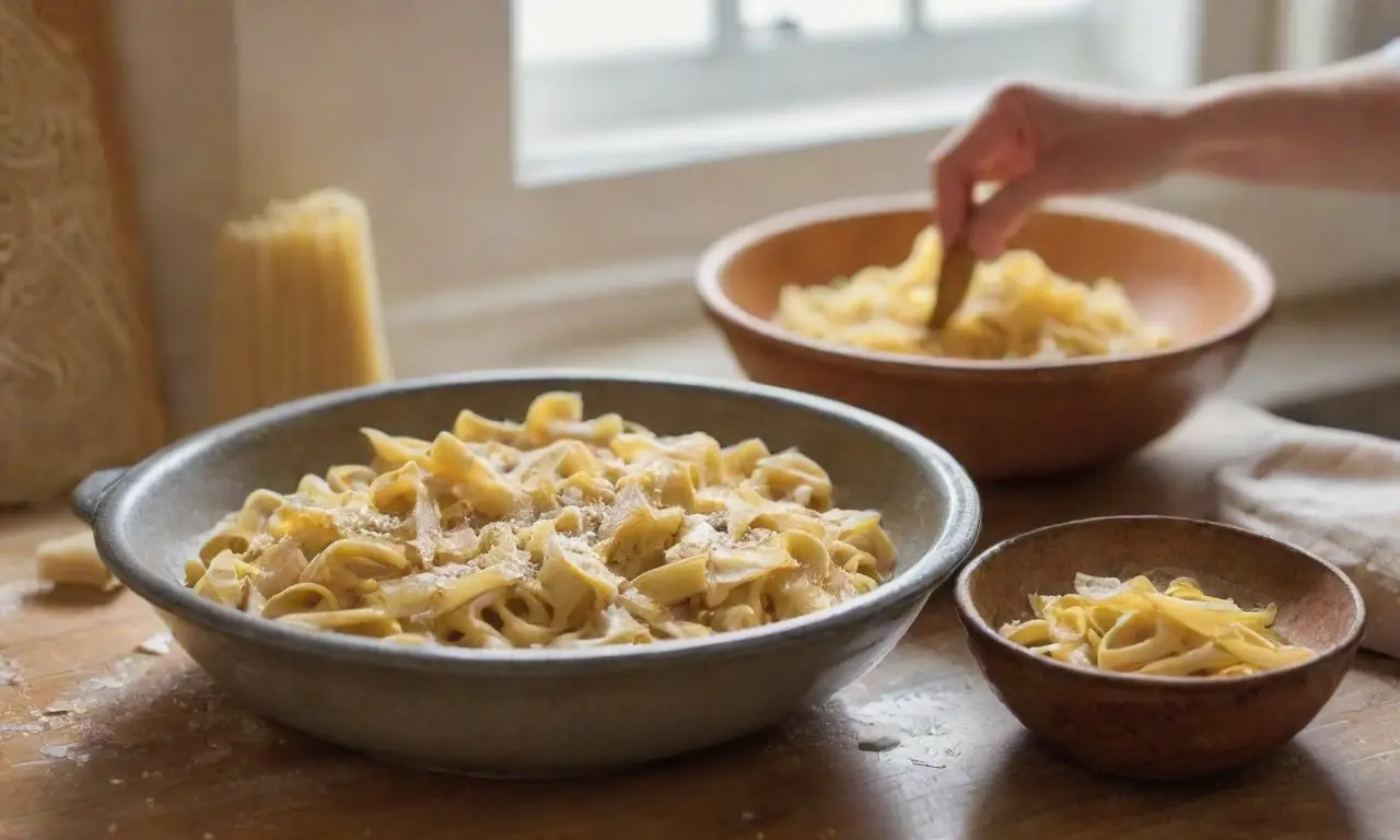 Cocina organizada con pasta y luz cálida