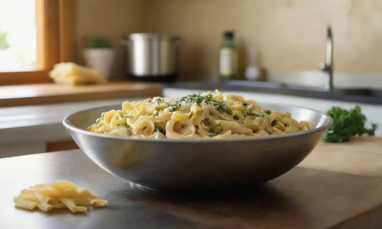 Cocina organizada con pasta y luz cálida