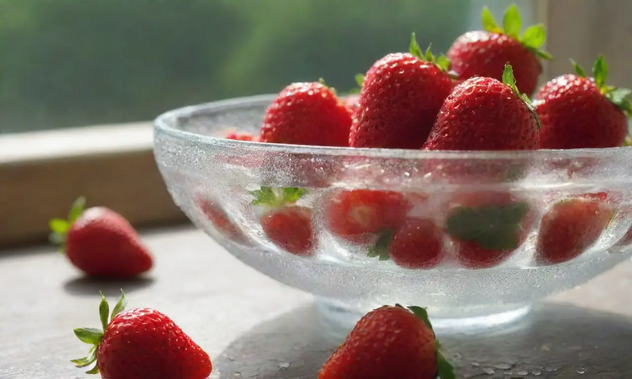 Fresas frescas y hielo en un tazón