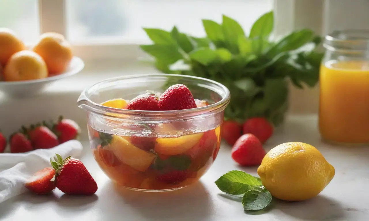Cocina vibrante con frutas y utensilios ordenados