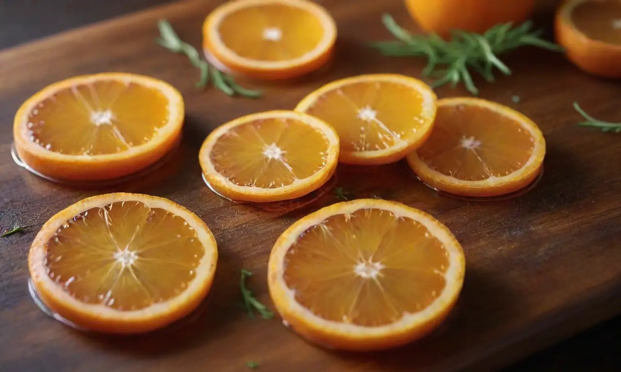 Rodajas de naranja caramelizadas con hierbas frescas