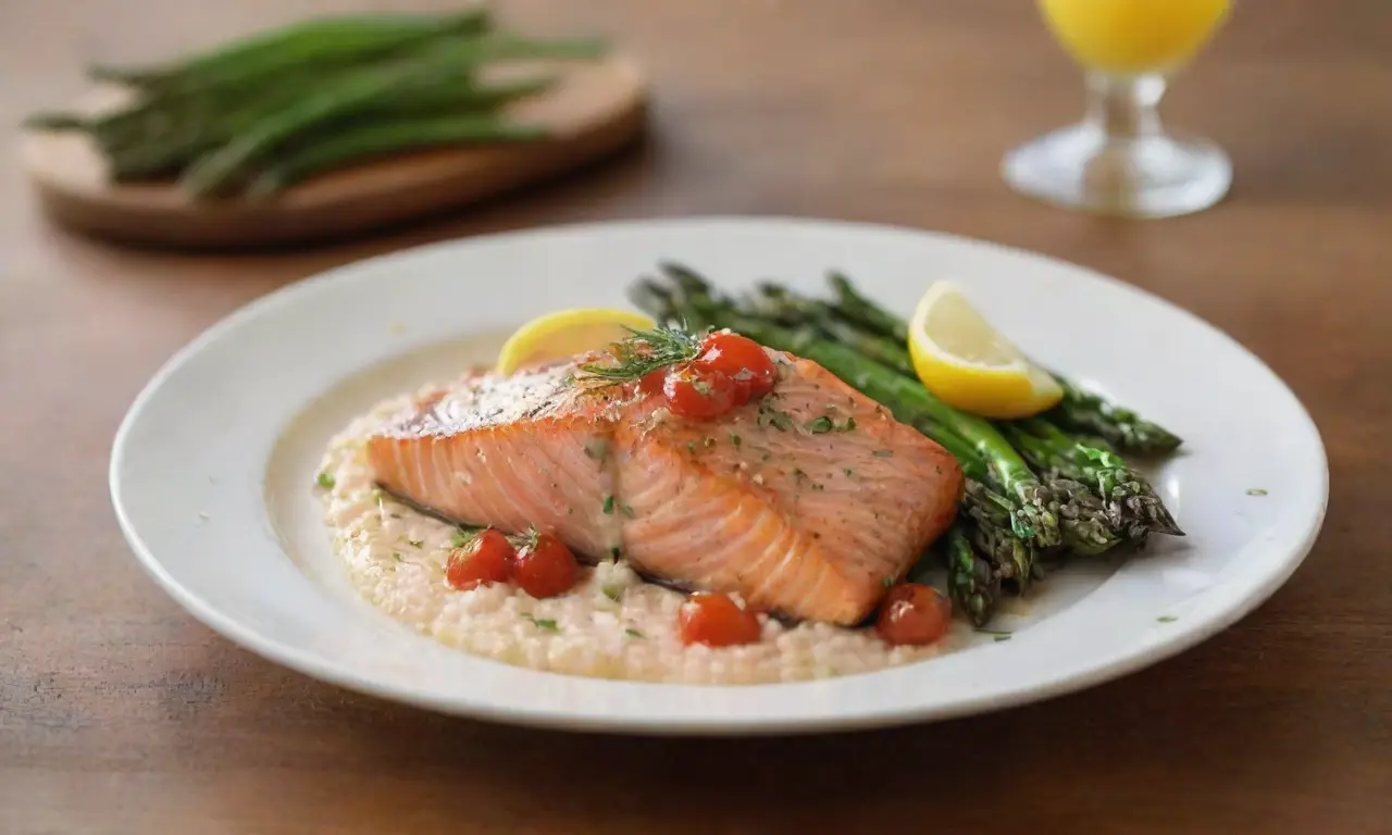 Plato de salmón con espárragos y quinoa
