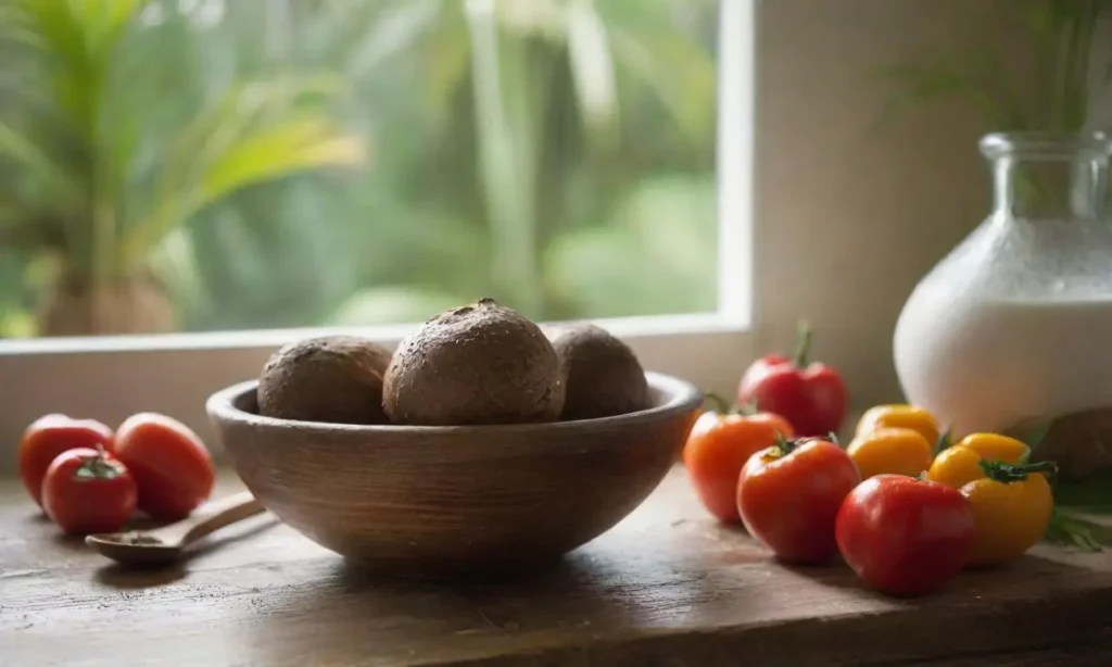 Cocina rústica con ingredientes frescos y luz