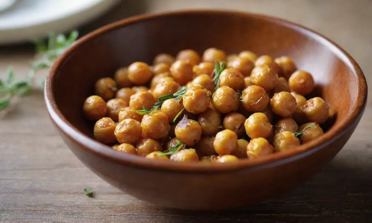 Garbanzos dorados y crujientes sobre madera