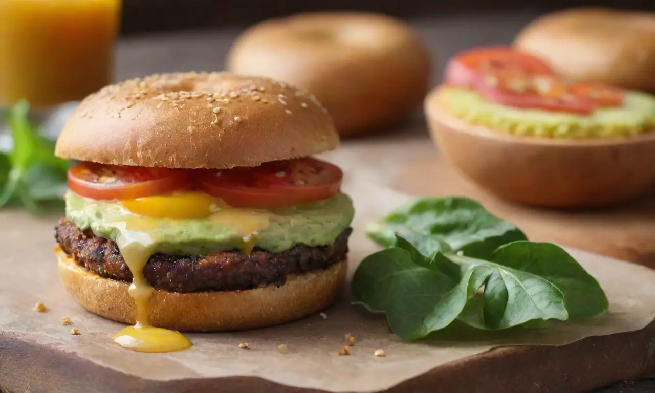 Mesa rústica con hamburguesas y batatas