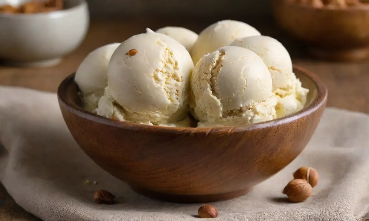 Helado de avellana en un tazón rústico