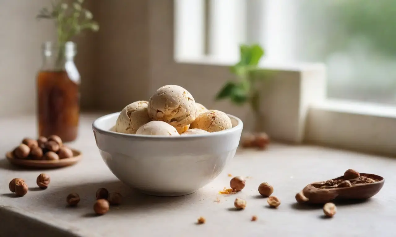 Encimera de madera con helado de avellana