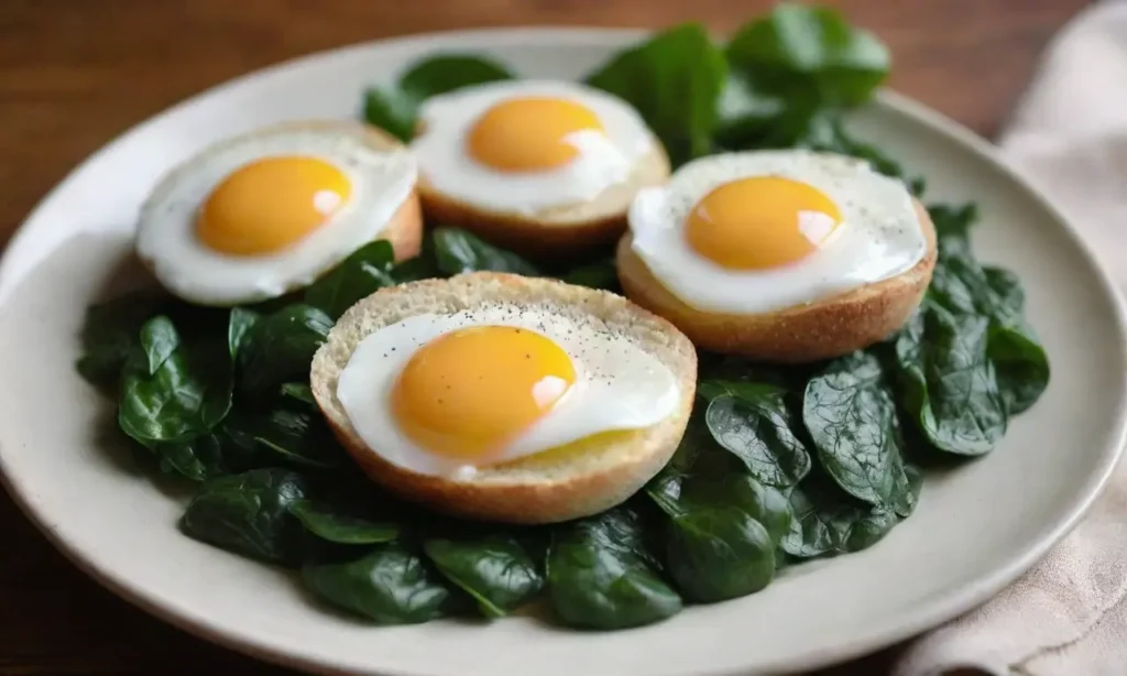 Huevos pochados sobre espinacas y muffin