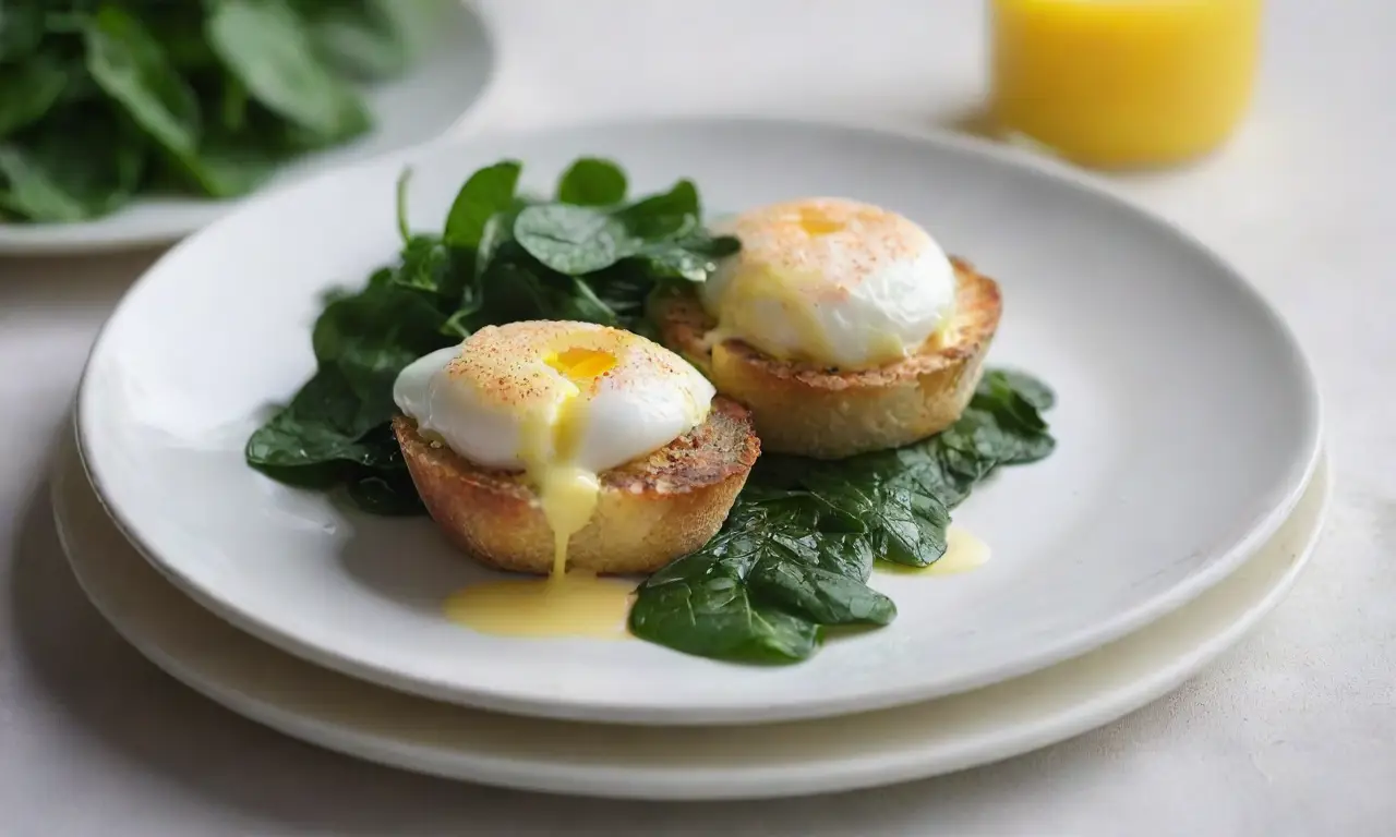 Huevos poché sobre espinacas y muffin
