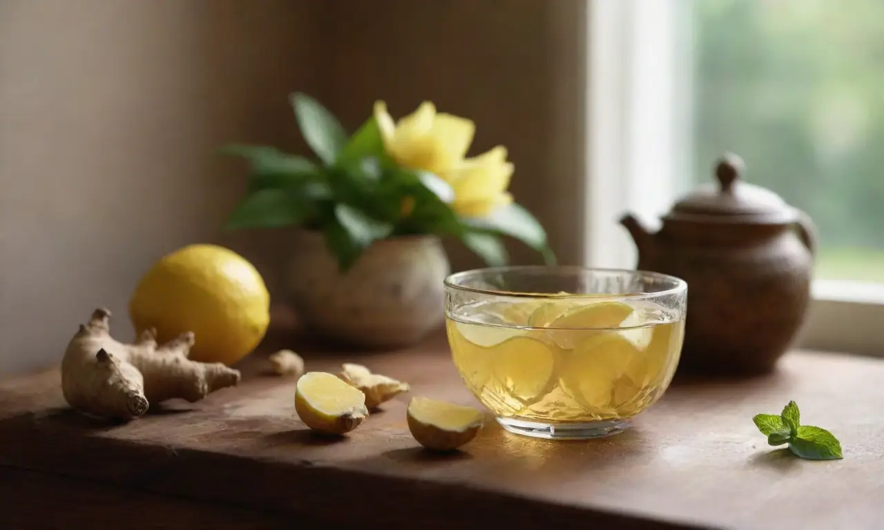 Mesa rústica con té de jengibre y limón