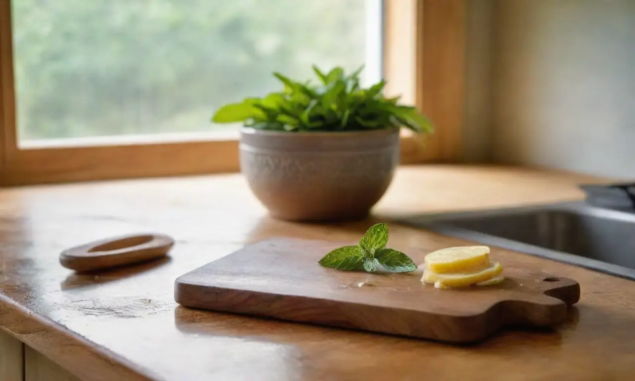 Cocina acogedora con ingredientes y utensilios listos
