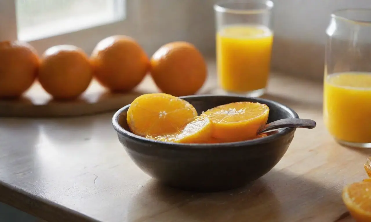 Cocina luminosa con naranjas y aromas frescos
