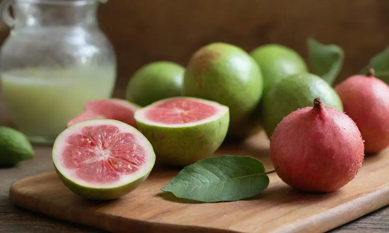 Guavas frescas y jugo en cocina rústica