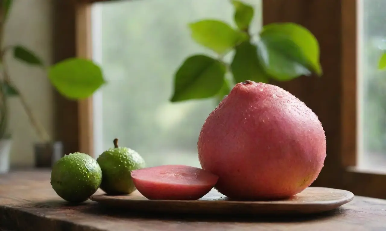 Guayaba fresca y jugo en cocina iluminada