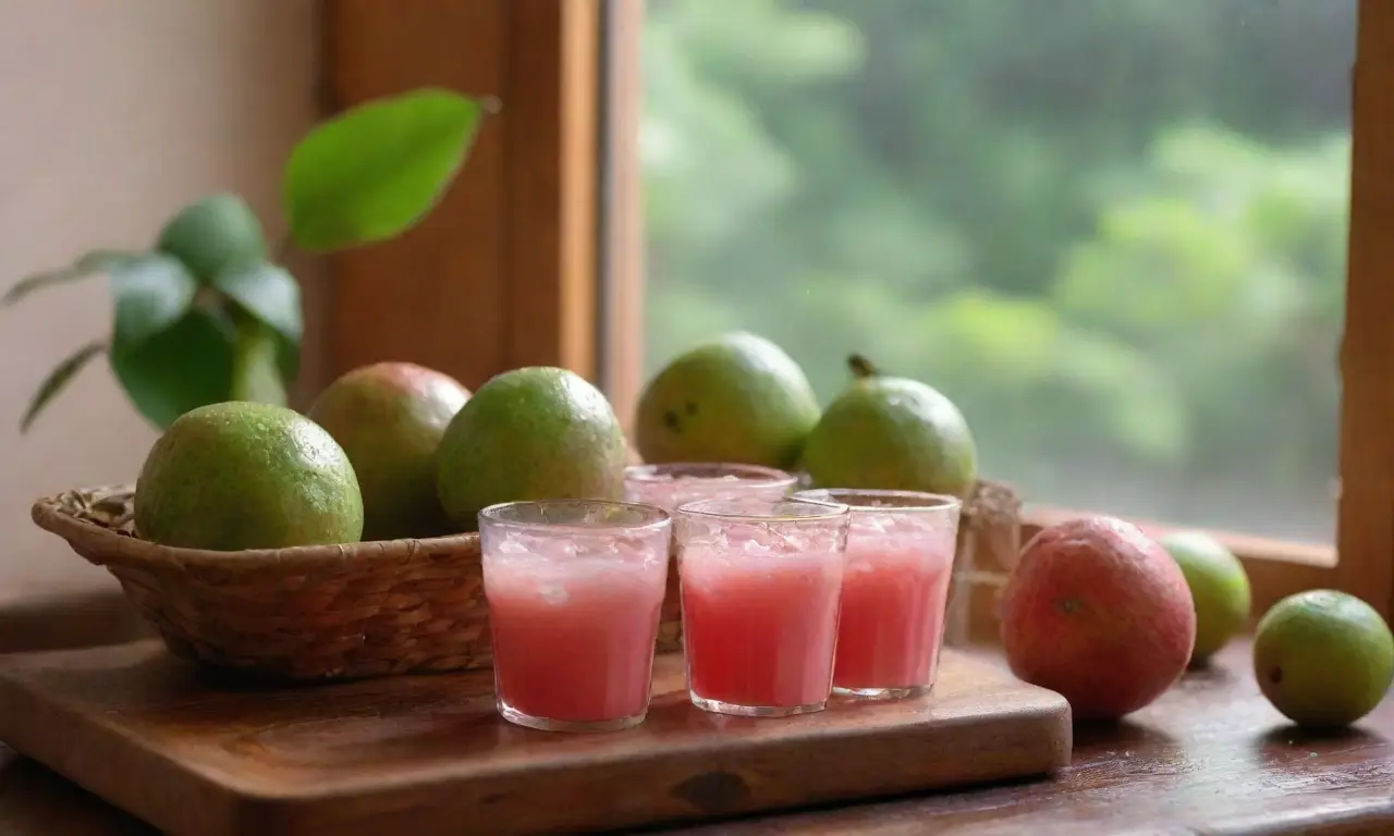 Guavas frescas y jugo en un ambiente acogedor