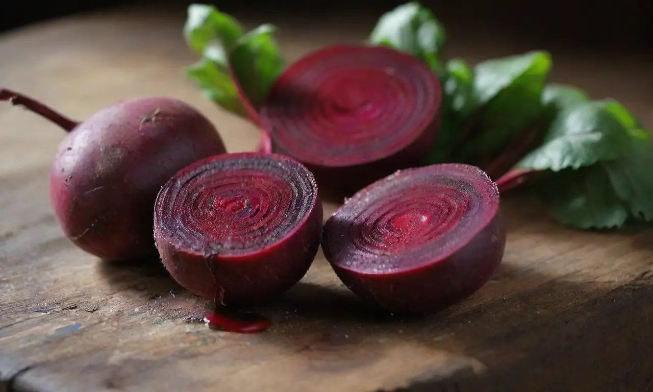 Remolachas frescas y jugo vibrante en mesa