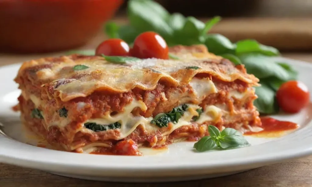 Lasaña deliciosa con ensalada fresca al lado