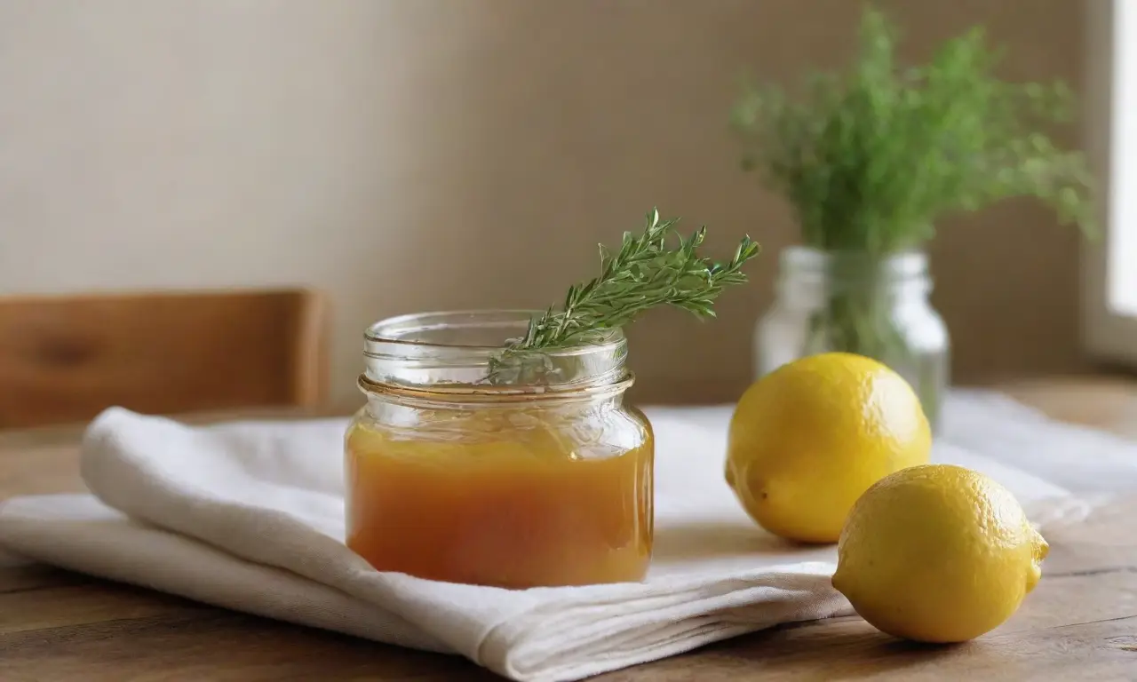 Mesa de madera con miel y limón