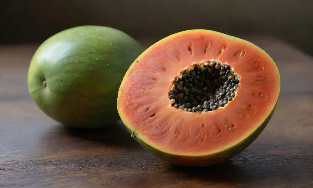 Papaya madura sobre mesa rústica iluminada