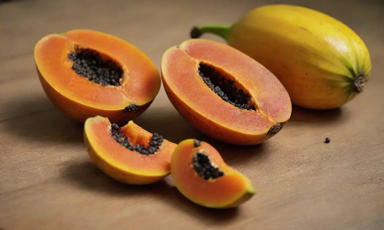 Frutas tropicales vibrantes sobre mesa de madera