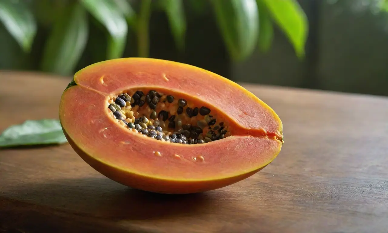 Papaya madura sobre mesa rústica con luz
