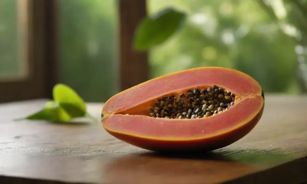 Papaya madura sobre mesa rústica iluminada