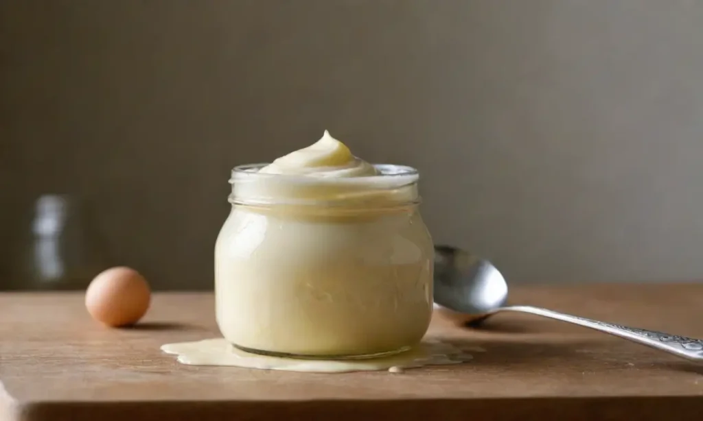 Tarro de mayonesa brilla en cálida cocina