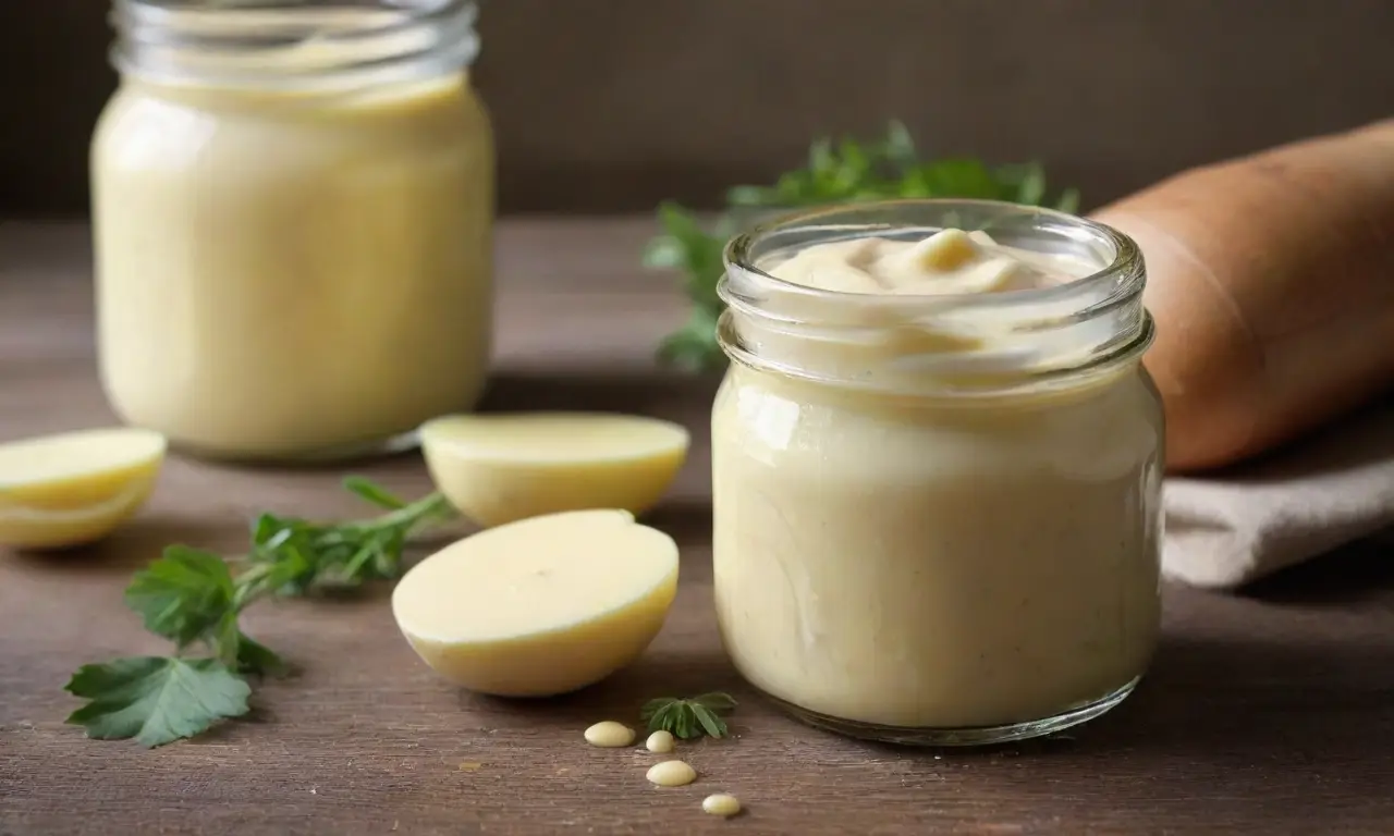Tarro de mayonesa con cuchara y hierbas
