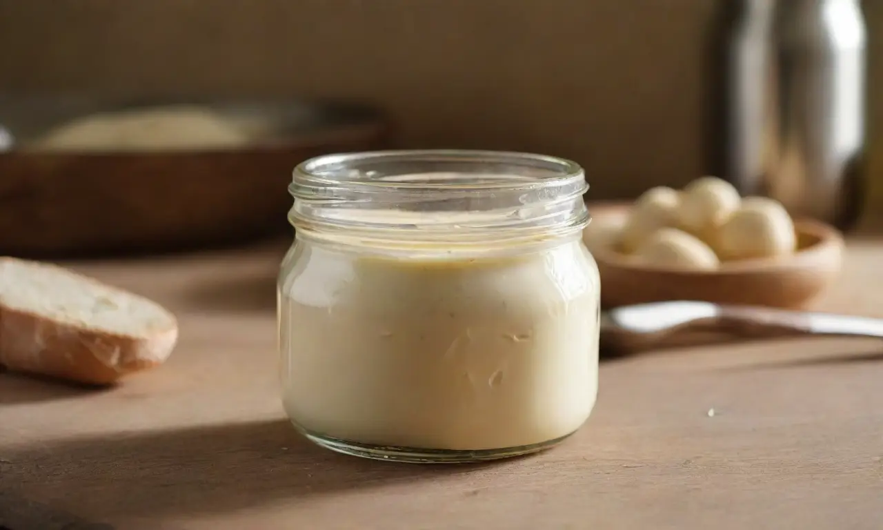 Tarro de mayonesa brilla en cocina rústica
