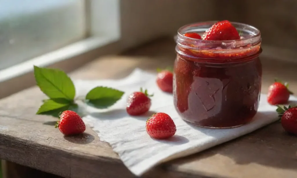 Tarro de mermelada de fresa en mesa